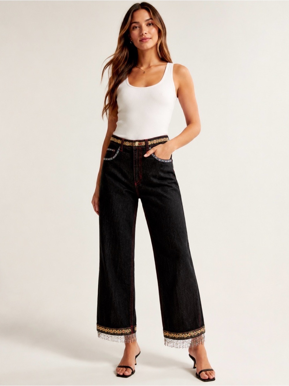 Sooki Vintage Y2K Beaded Fringe Embellished Black Jeans Size 10 Boho